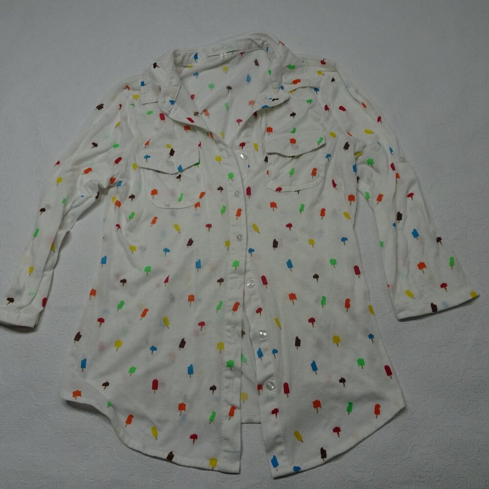 Eden & Olivia Size S Button Up Roll Tab Sleeves Popsicle Print Semi Sheer